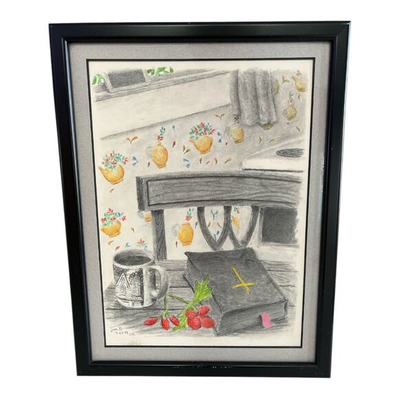 Original Framed Drawing – Coffee & Bible Still Life – Signed “Jim K” (2014) – 9" - Picture 1 of 3